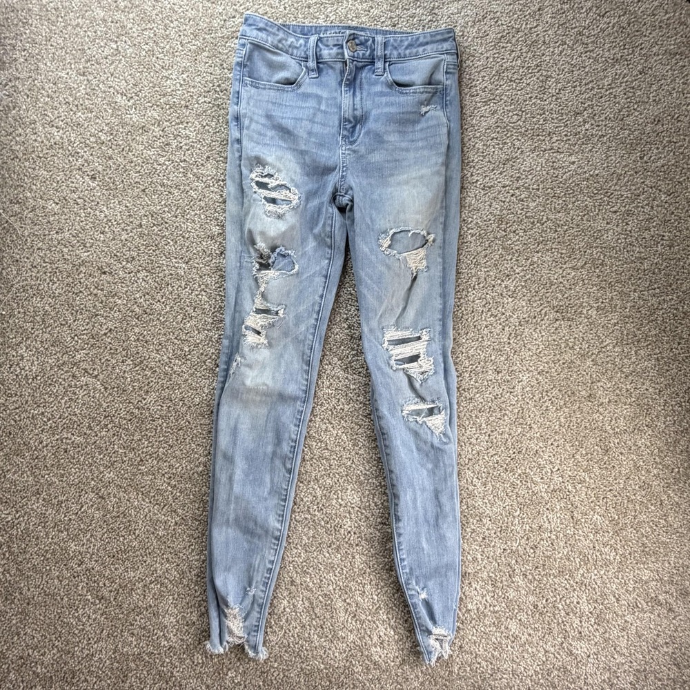 American Eagle Super Hi-Rise Jegging Jeans Womens 2 Light Wash Distressed